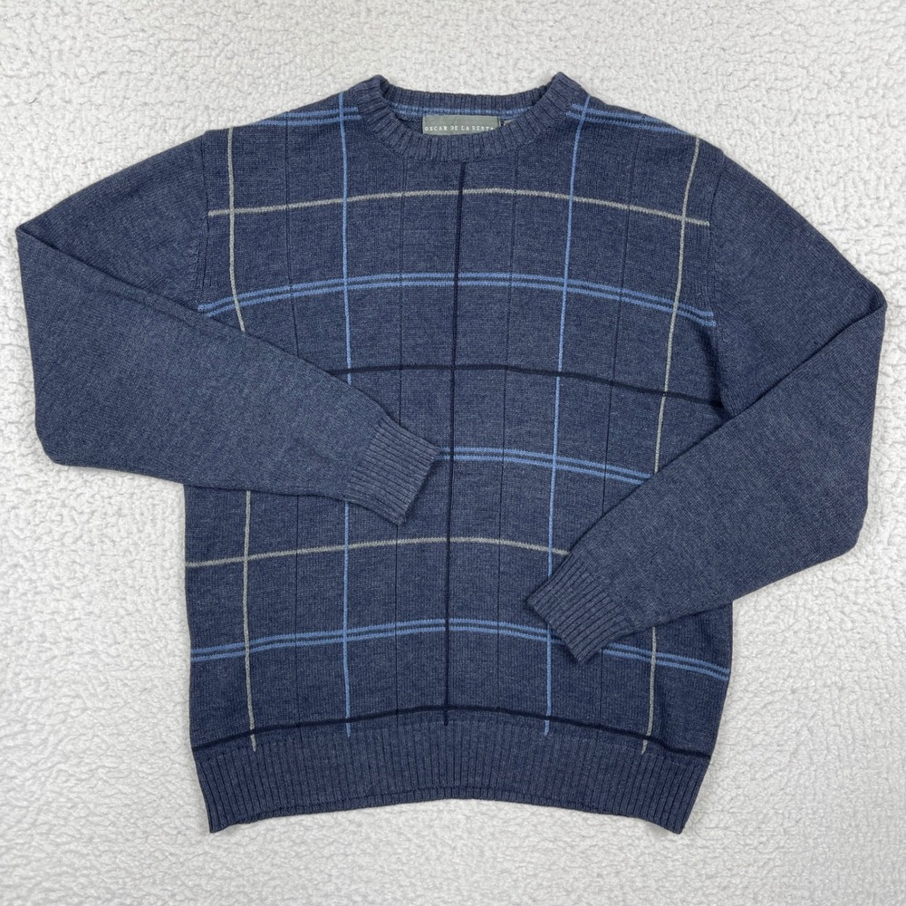 Oscar de la Renta Sweater Mens M Blue Grid Pattern Crewneck Preppy Academic
